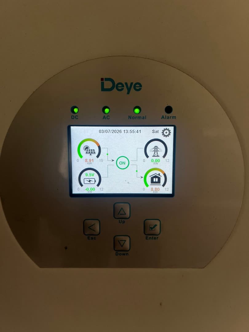 Deye monitor showing 8.91 kW of solar production supplying an 8.80 kW load — live system at a warehouse in Natai, Phang Nga